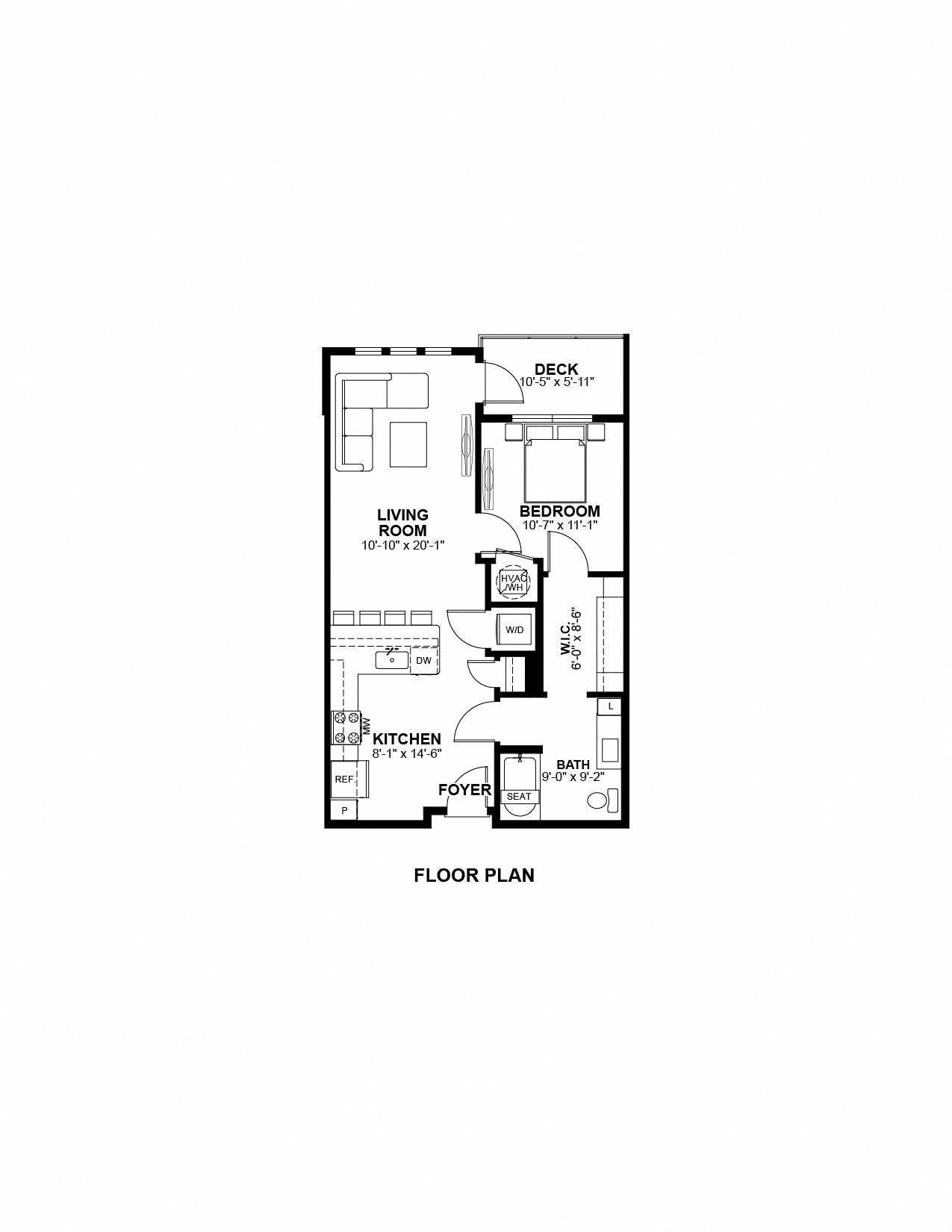Floor plan for 1 bed, 1 bath, 701 sqft